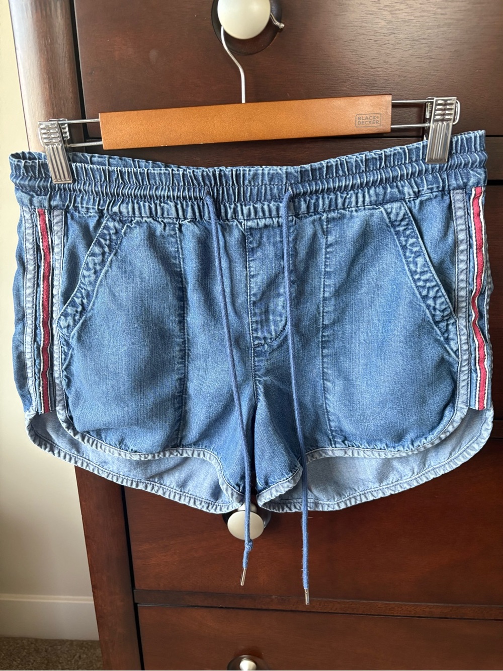 Level 99 Light Blue Denim Athletic Shorts with Red & White Side Stripes